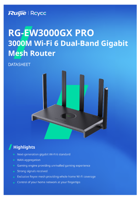 RG-EW3000GX Dual-band Gigabit Wi-Fi 6 Router with 3000 M for gaming. 